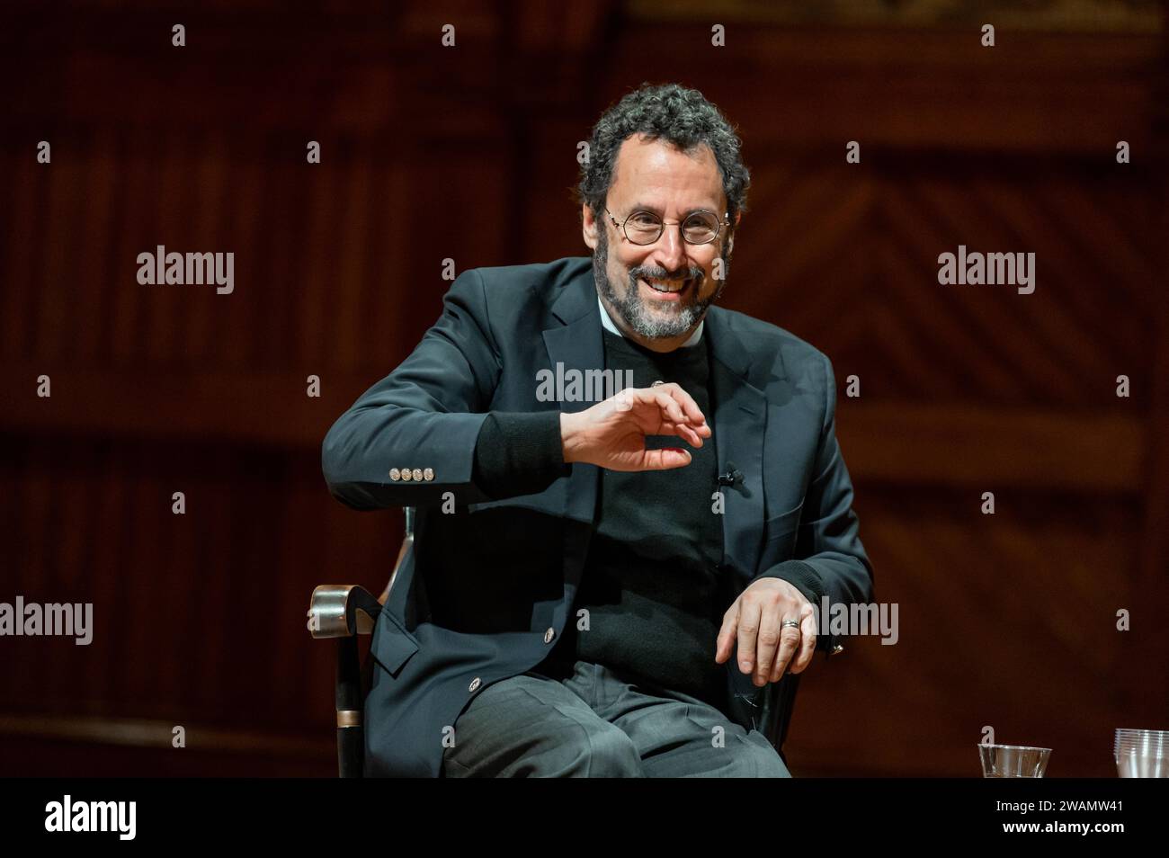 Tony Kushner in conversation with Harvard professor Stephen J. Greenblatt at Saunders Theater at Harvard University. Stock Photo