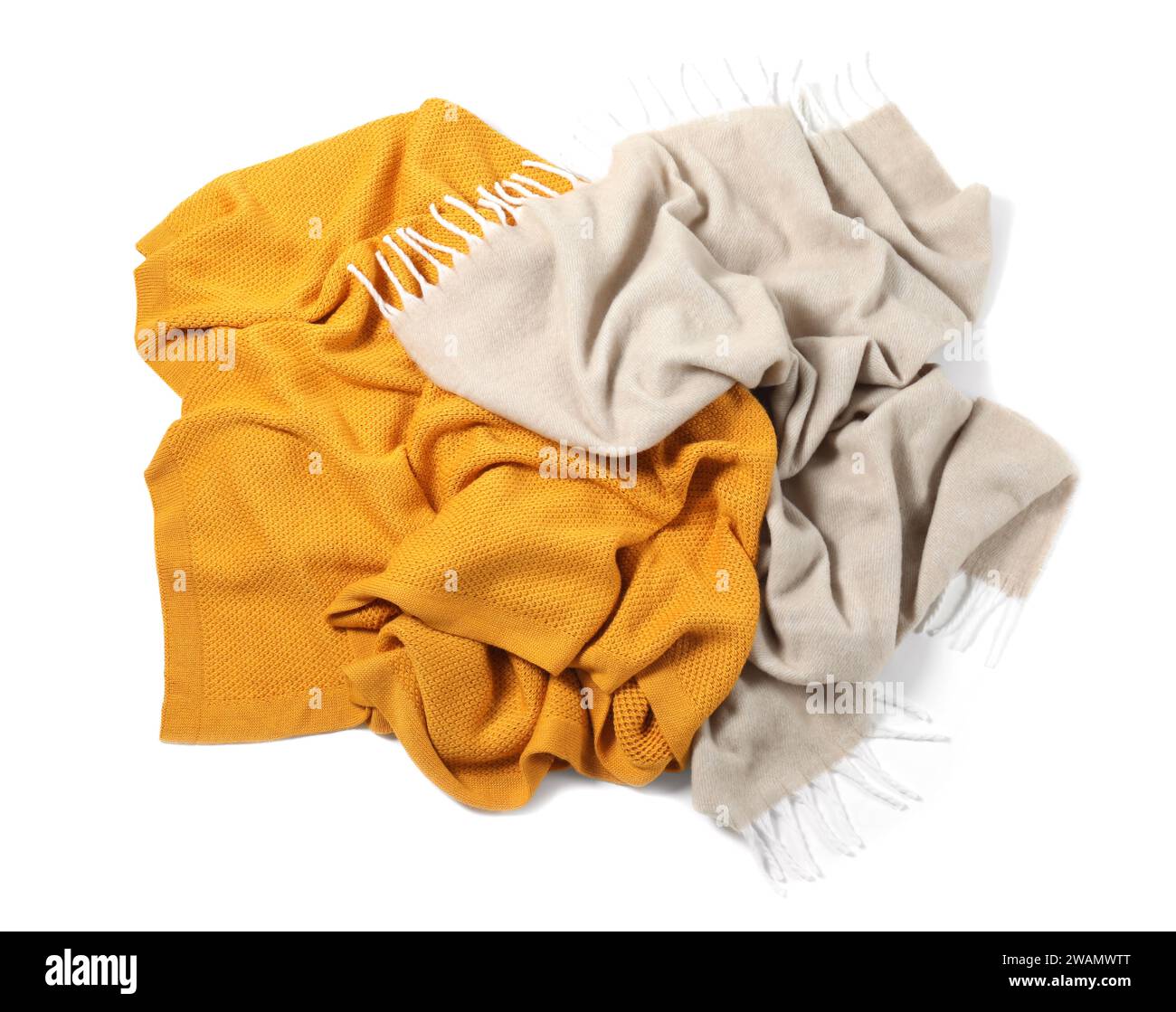 Two soft warm blankets isolated on white, top view Stock Photo
