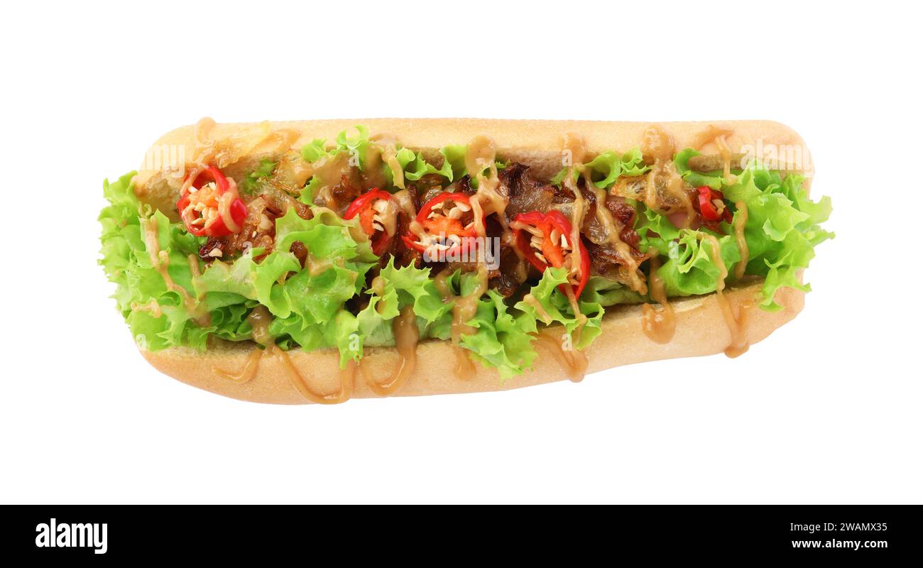 One tasty hot dog with chili, lettuce and sauce isolated on white, top view Stock Photo