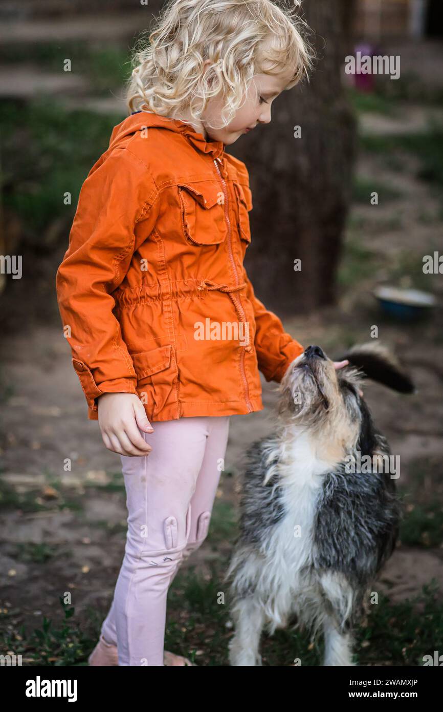 Little girl playing with yard dog in the backyard of the house Stock ...