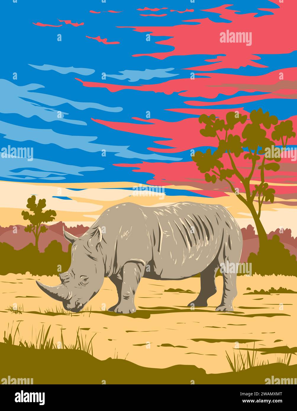Art Deco or WPA poster of a rhino or white rhinoceros in Kruger National Park located in Limpopo and Mpumalanga in northeastern South Africa done in w Stock Photo