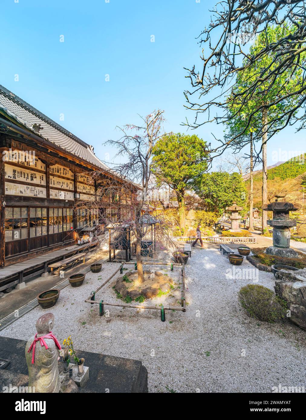 saitama, chichibu - mar 26 2023: Inner garden along the main kondo hall covered by votive slips named senjafuda in the buddhist Chosen-in Buddhist tem Stock Photo