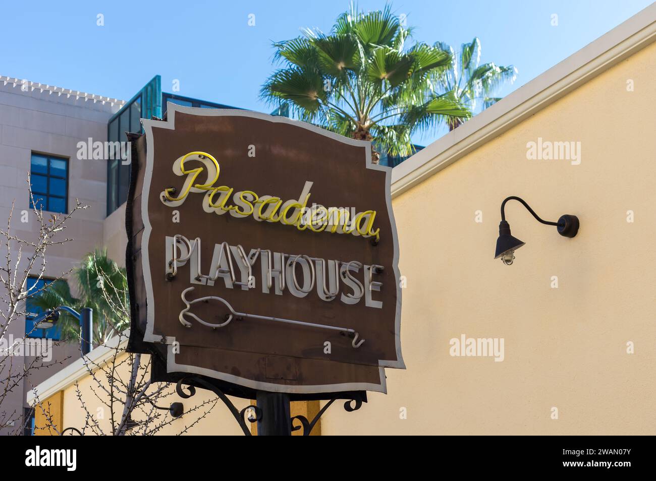 Historic Pasadena Playhouse neon sign shown on Colorado Boulevard. This