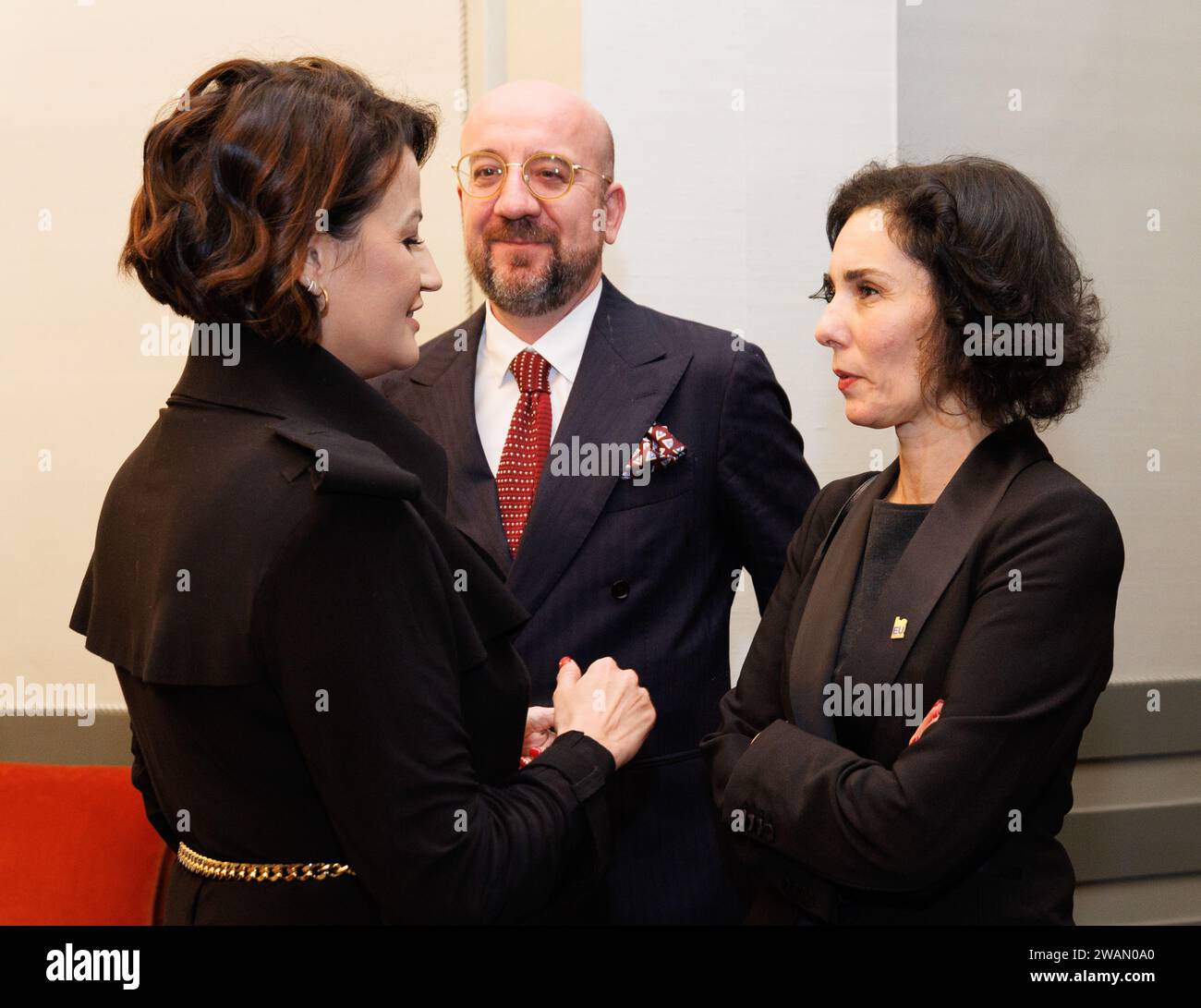 Senate chairwoman Stephanie D'Hose, European Council President Charles Michel and Foreign minister Hadja Lahbib pictured at the opening event of the Belgian Presidency of the Council of the European Union in honor of the King and Queen, in Bozar, Friday 05 January 2024. Organized by the Chancellery of the Prime Minister in collaboration with the Communities and Regions, the concert will be conducted by composer and pianist J. Neve who will be joined by an orchestra of musicians from all over the country. The evening is structured around a musical work by Neve, a tribute to the work of a number Stock Photo