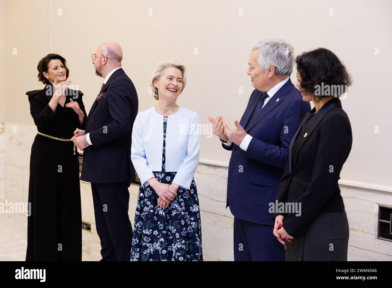 Senate chairwoman Stephanie D'Hose, European Council President Charles Michel, European Commission president Ursula Von der Leyen, EU Commissioner for Justice Didier Reynders and Foreign minister Hadja Lahbib pictured at the opening event of the Belgian Presidency of the Council of the European Union in honor of the King and Queen, in Bozar, Friday 05 January 2024. Organized by the Chancellery of the Prime Minister in collaboration with the Communities and Regions, the concert will be conducted by composer and pianist J. Neve who will be joined by an orchestra of musicians from all over the co Stock Photo