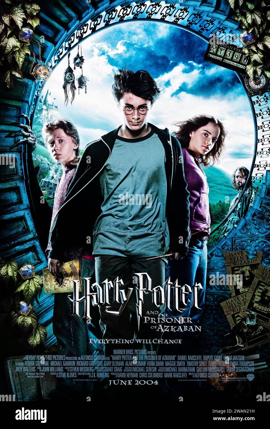 Harry Potter and the Prisoner of Azkaban (2004) directed by Alfonso Cuarón and starring Daniel Radcliffe, Emma Watson and Rupert Grint. Harry Potter, Ron and Hermione return to Hogwarts School of Witchcraft and Wizardry for their third year of study, where they delve into the mystery surrounding an escaped prisoner who poses a dangerous threat to the young wizard. Photograph of an original 2004 US one sheet poster. ***EDITORIAL USE ONLY*** Credit: BFA / Warner Bros Stock Photo