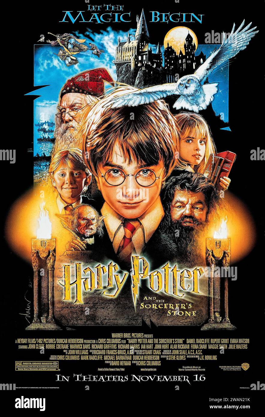 Harry Potter and the Sorcerer's Stone (2001) directed by Chris Columbus and starring Daniel Radcliffe, Emma Watson, Rupert Grint and Richard Harris. An orphaned boy enrolls in a school of wizardry, where he learns the truth about himself, his family and the terrible evil that haunts the magical world. Photograph of an original 2001 US one sheet poster. ***EDITORIAL USE ONLY*** Credit: BFA / Warner Bros Stock Photo