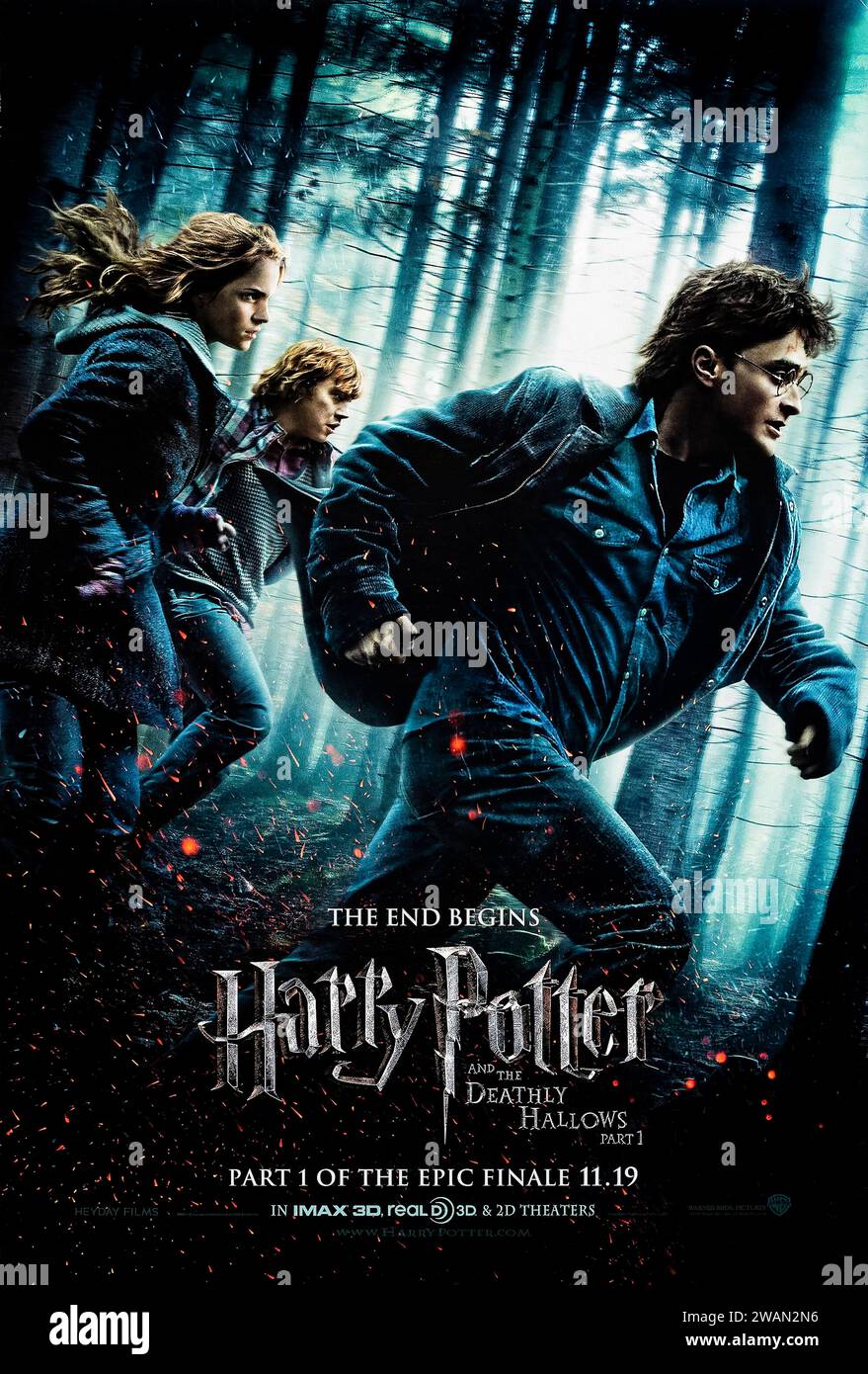 Harry Potter and the Deathly Hallows: Part 1 (2010) directed by David Yates and starring Daniel Radcliffe, Emma Watson and Rupert Grint. As Harry, Ron and Hermione race against time and evil to destroy the Horcruxes, they uncover the existence of the three most powerful objects in the wizarding world: the Deathly Hallows. Photograph of an original 2010 US advance poster. ***EDITORIAL USE ONLY*** Credit: BFA / Warner Bros Stock Photo