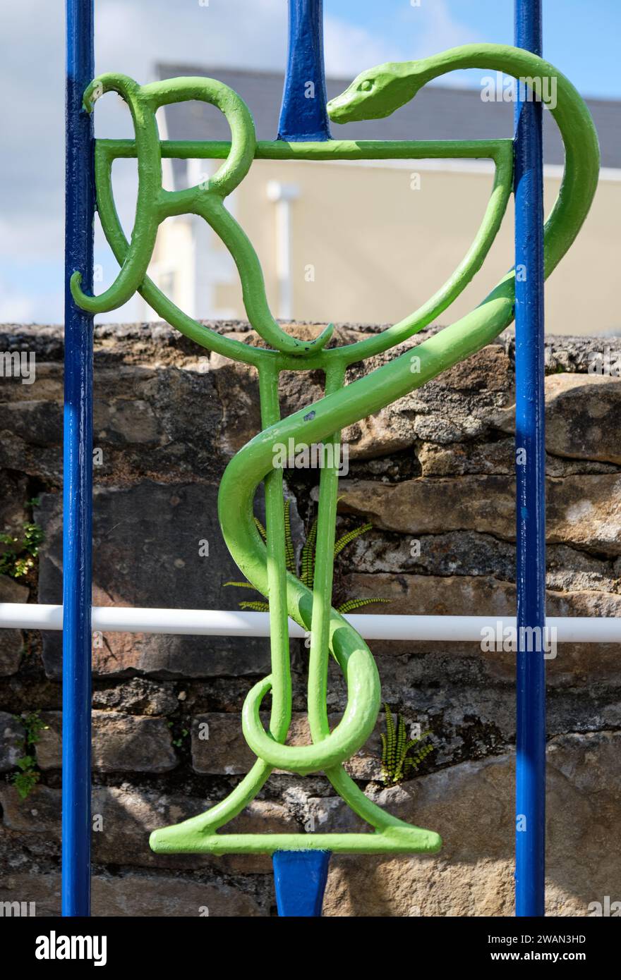 Pharmacist logo with snake and glass made in wrought iron fence at entrance Stock Photo