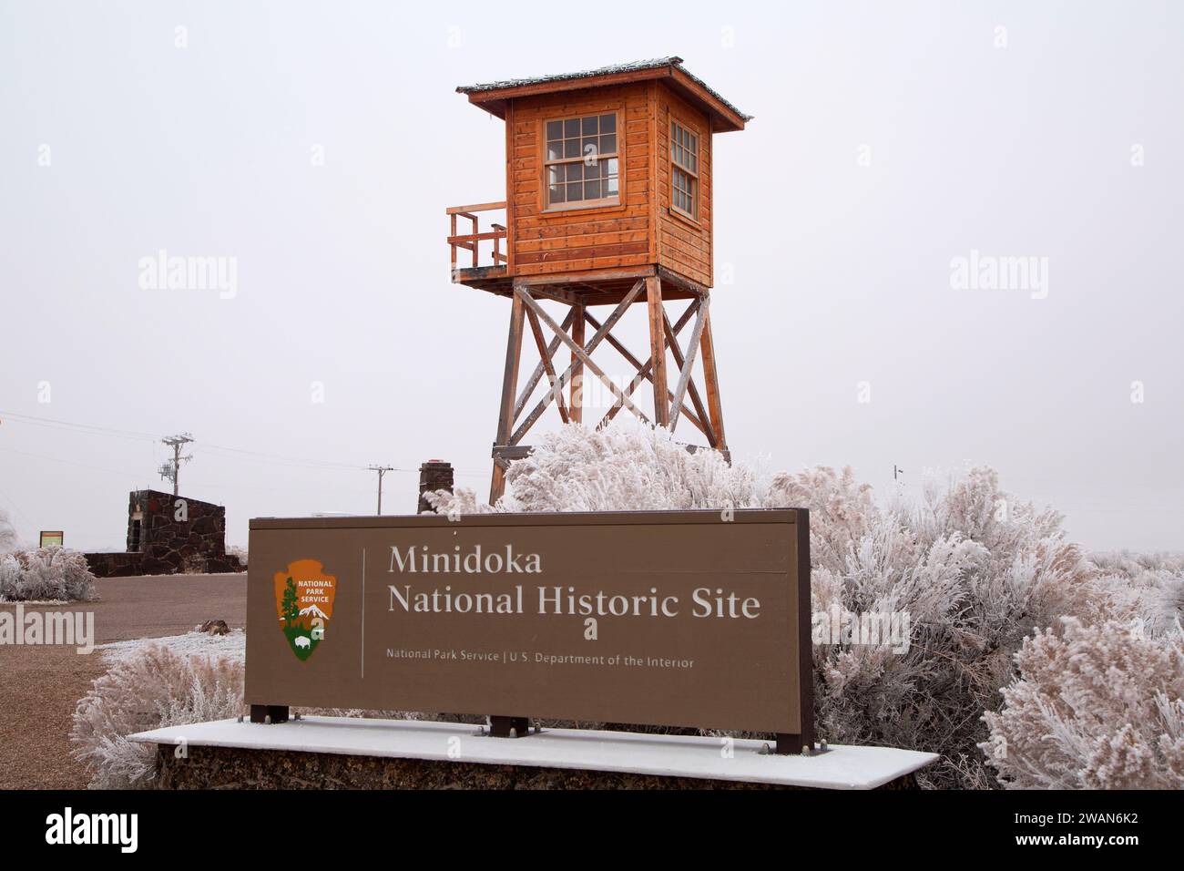Entrance sign with guard tower, Minidoka National Historic Site, Idaho Stock Photo