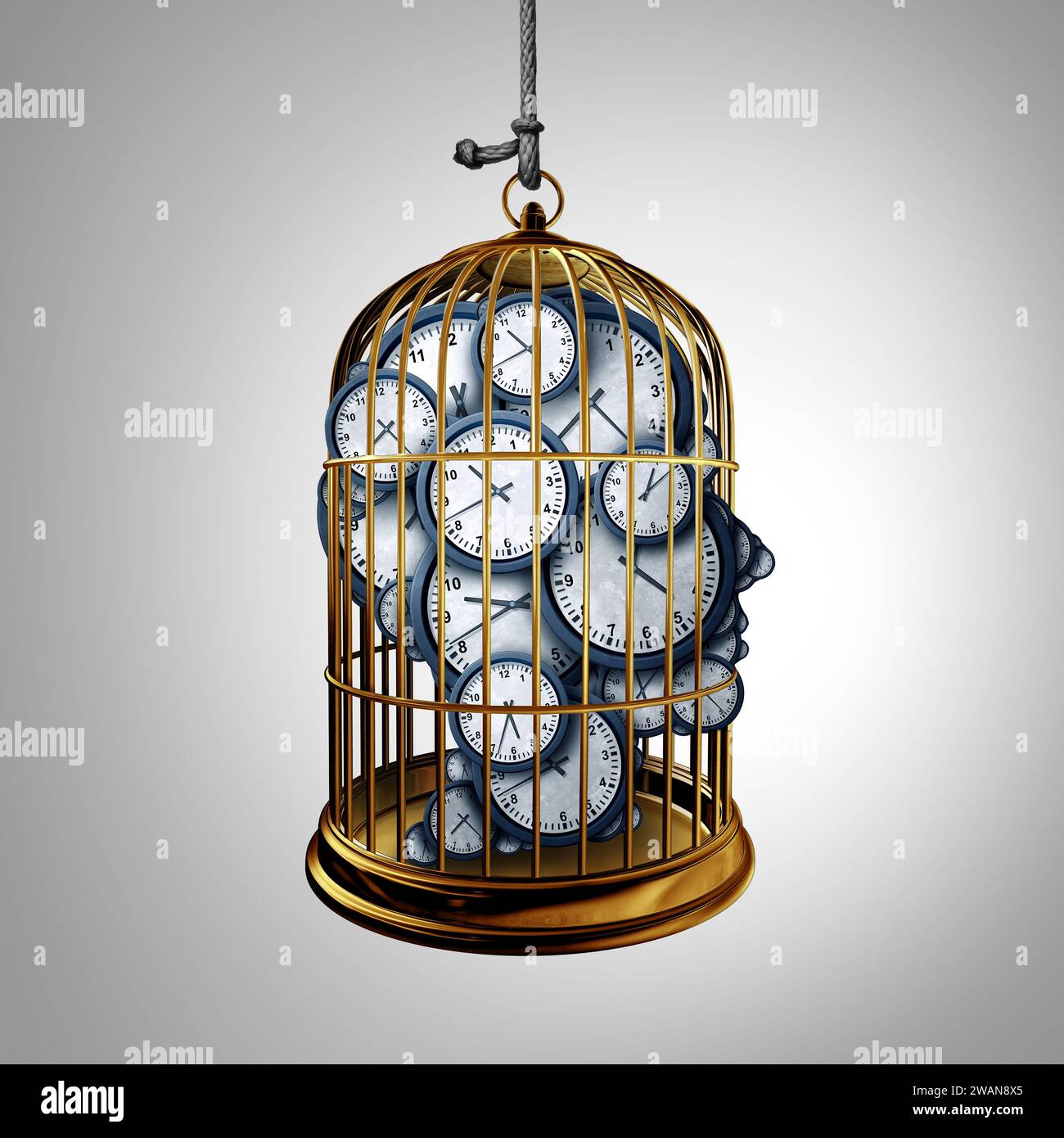Time Anxiety and time-stressed psychology of pressures of deadlines or work scedule stress as a human head in a prison representing hours and minutes Stock Photo