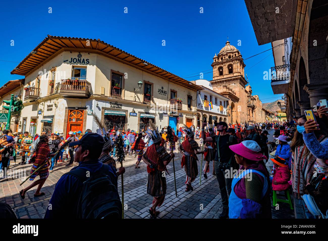 Dedicated to the Sun God, the ancient ritual of Inti Raymi is extremely popular among Cusco tourists. On June 24th, a procession moves from Qurikancha Stock Photo