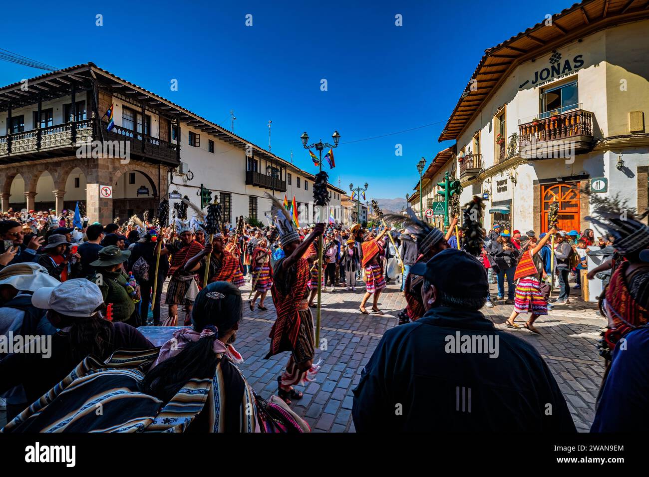 Dedicated to the Sun God, the ancient ritual of Inti Raymi is extremely popular among Cusco tourists. On June 24th, a procession moves from Qurikancha Stock Photo