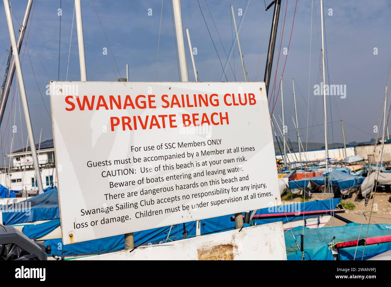 Swanage Dorset England, sailing club with catamaran boats stored at the club,England,UK,2023 Stock Photo