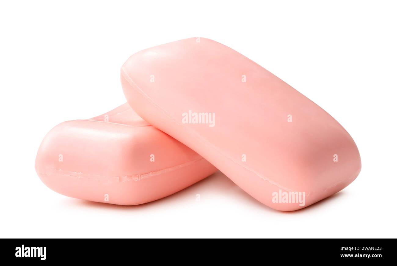 Two dry pink soap bars in stack are isolated on white background with clipping path. Stock Photo
