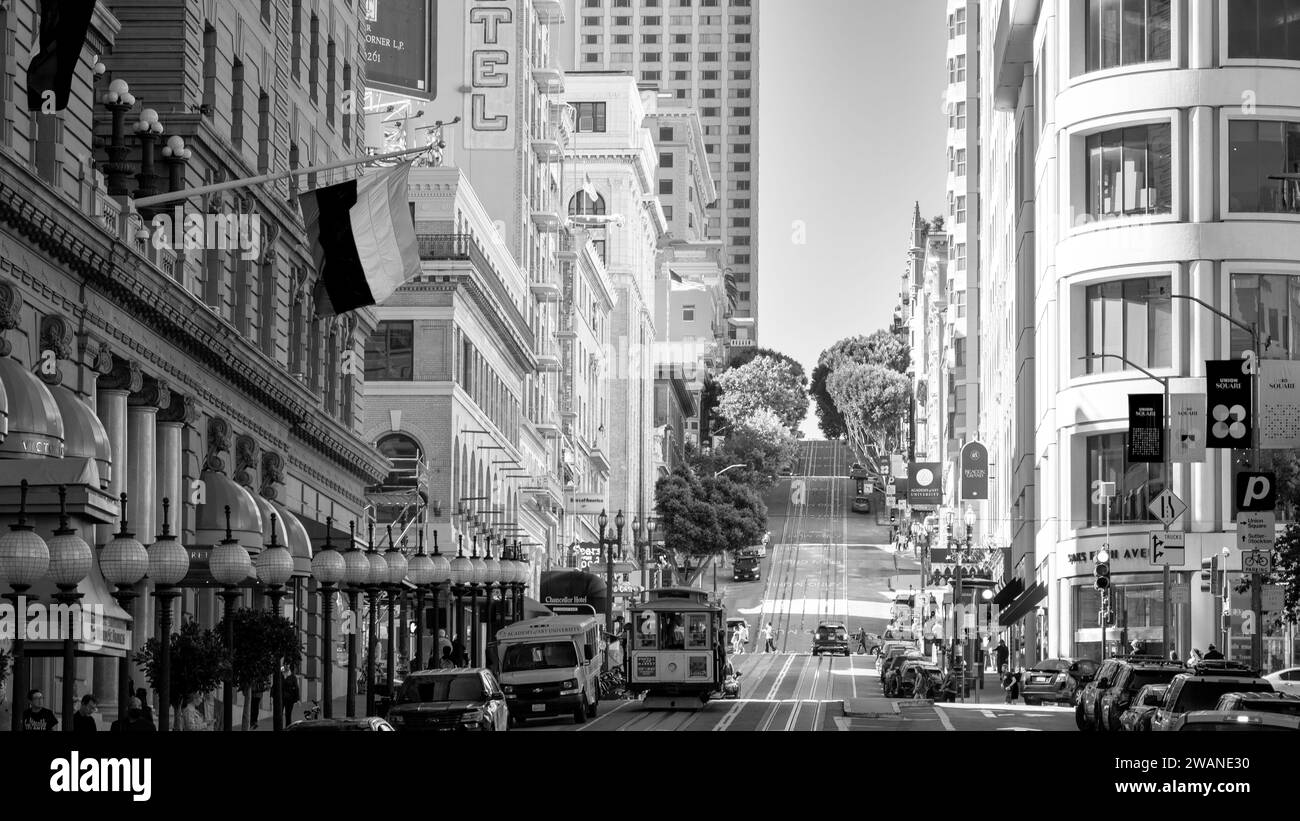 Buildings along the Cable Car line along Powell Street in San Francisco, California. Stock Photo