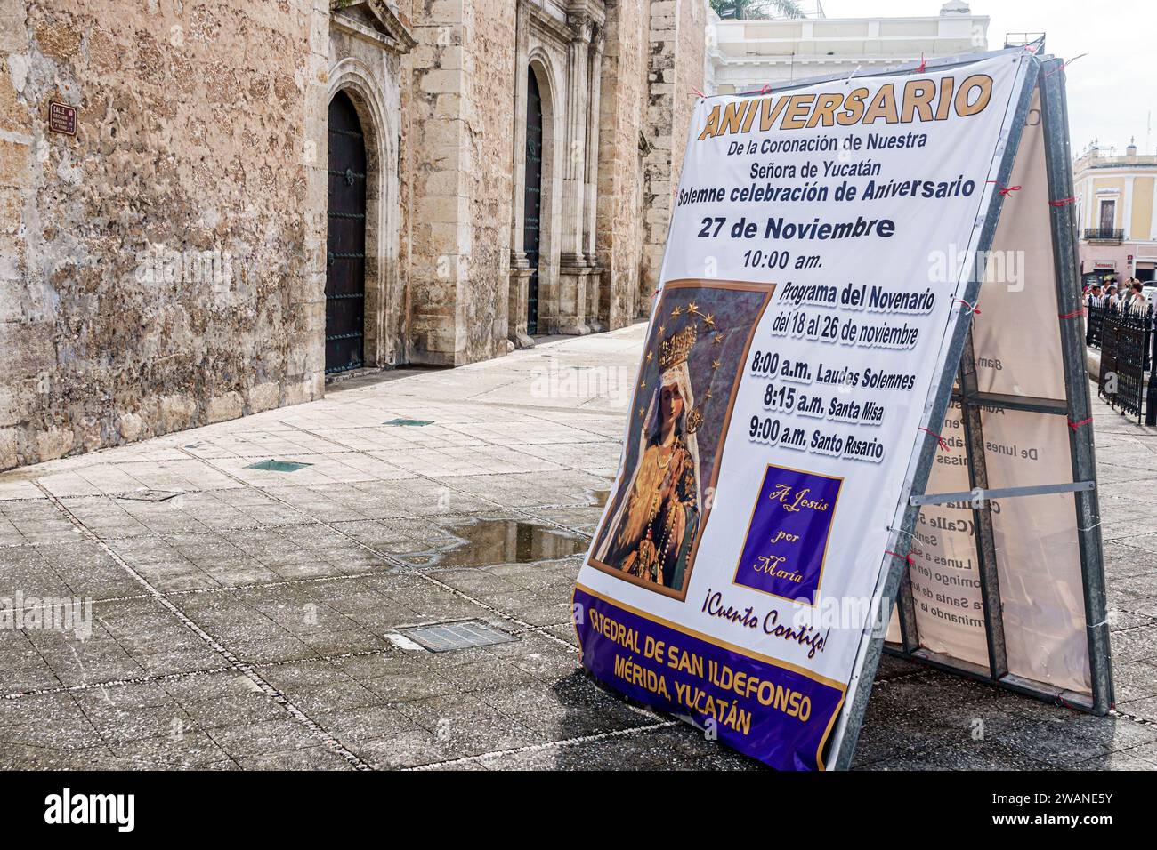Merida Mexico,centro historico central historic district,religious event celebration,sign information,promoting promotion,advertising billboard banner Stock Photo