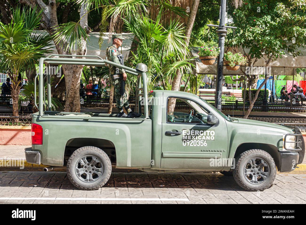 Merida Mexico,centro historico central historic district,military security safety,Ejercito Mexicano army,man men male,adult,resident,residents,Mexican Stock Photo
