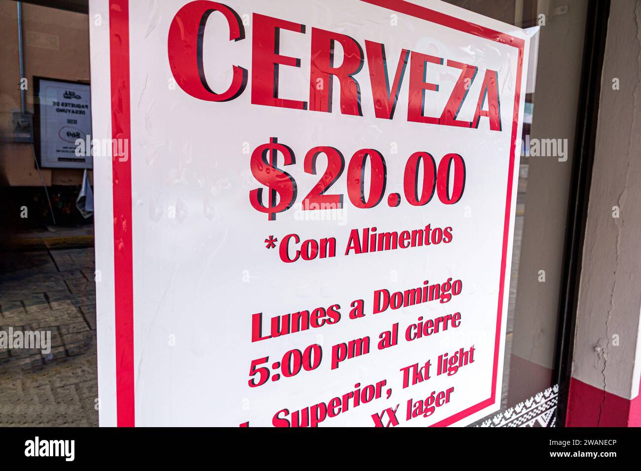 Merida Mexico,centro historico central historic district,beer 20 pesos with food,restaurant dine dining eating out,casual cafe bistro food,business,si Stock Photo
