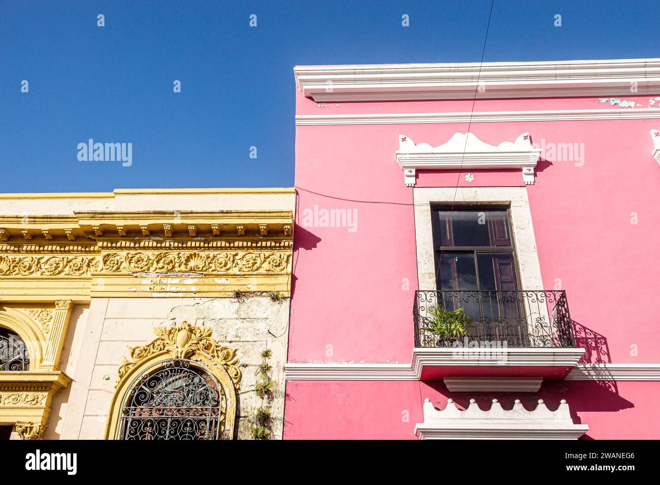 Merida Mexico,centro historico central historic district,pink Hotel Gran Centenario,yellow Biblioteca Central Estatal Manuel Cepeda Peraza library,out Stock Photo