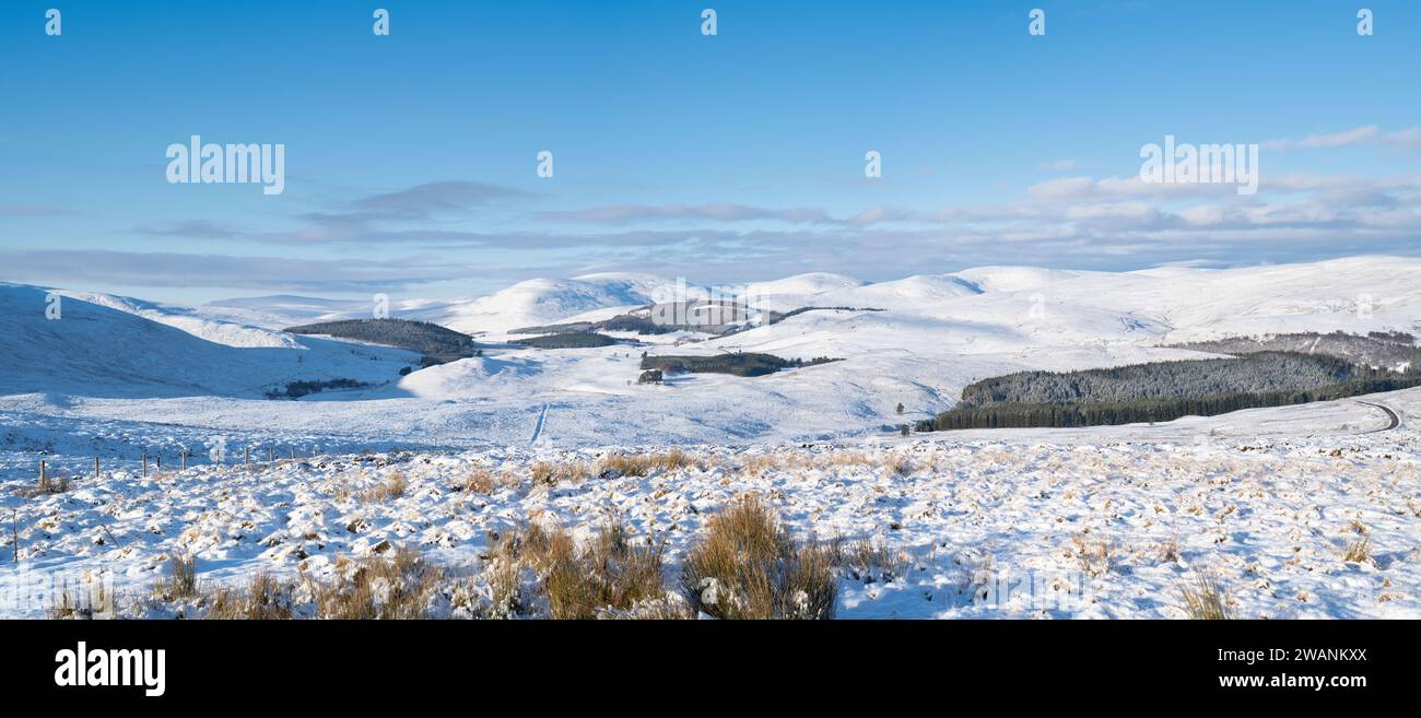 Glen Brown in the December snow. Cairngorms, Highlands, Scotland. Panoramic Stock Photo