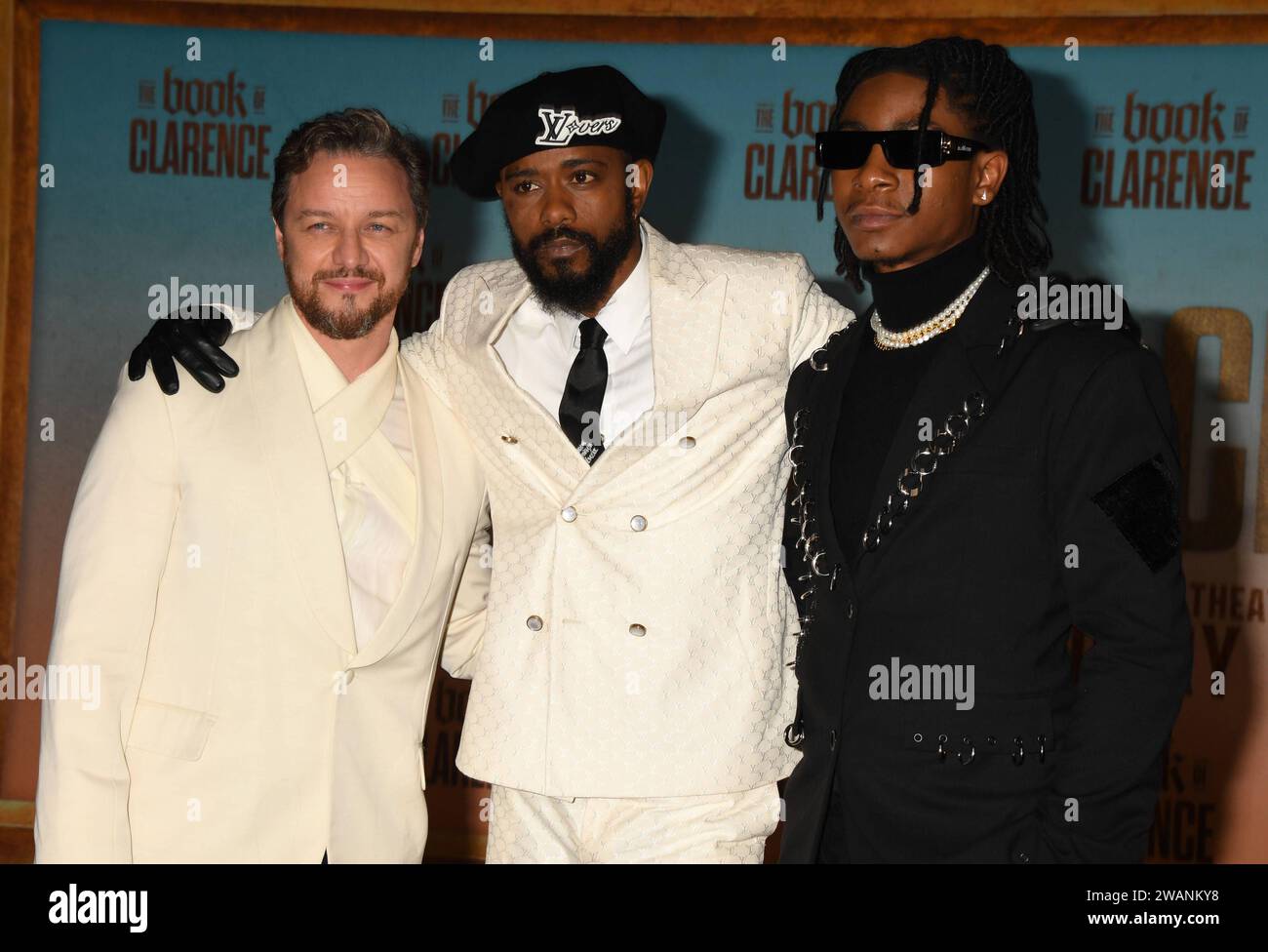 LOS ANGELES, CA - JANUARY 5: James McAvoy, LaKeith Stanfield and RJ Cyler at The Book of Clarence LA Premiere on January 5, 2024 at The Academy Museum of Motion Pictures in Los Angeles, California. Copyright: xJeffreyxMayerx Stock Photo