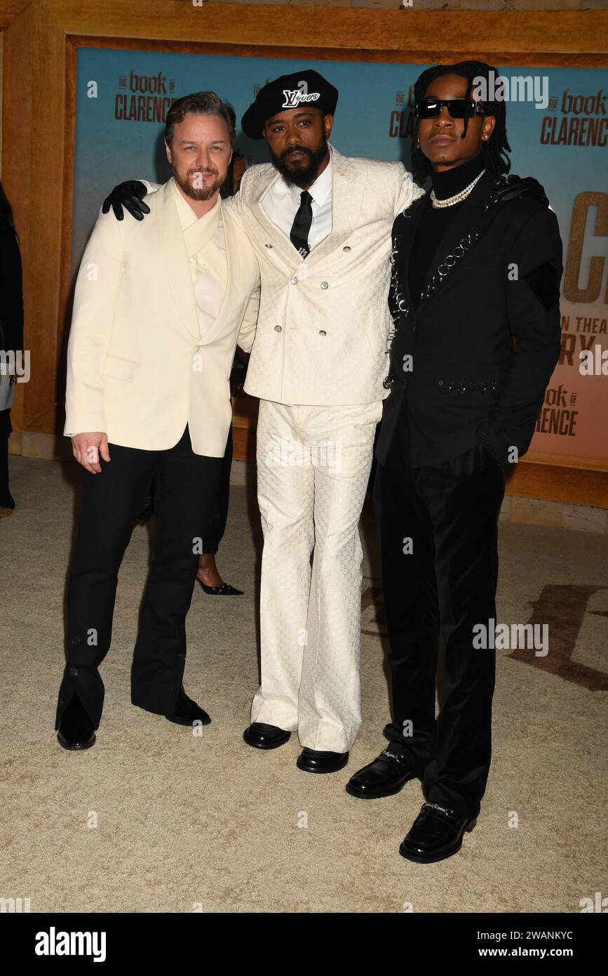 LOS ANGELES, CA - JANUARY 5: James McAvoy, LaKeith Stanfield and RJ Cyler at The Book of Clarence LA Premiere on January 5, 2024 at The Academy Museum of Motion Pictures in Los Angeles, California. Copyright: xJeffreyxMayerx Stock Photo