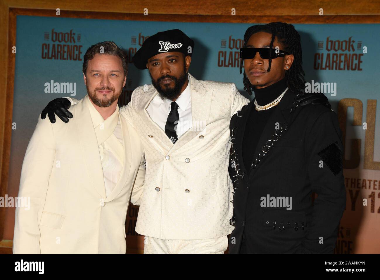 LOS ANGELES, CA - JANUARY 5: James McAvoy, LaKeith Stanfield and RJ Cyler at The Book of Clarence LA Premiere on January 5, 2024 at The Academy Museum of Motion Pictures in Los Angeles, California. Copyright: xJeffreyxMayerx Stock Photo