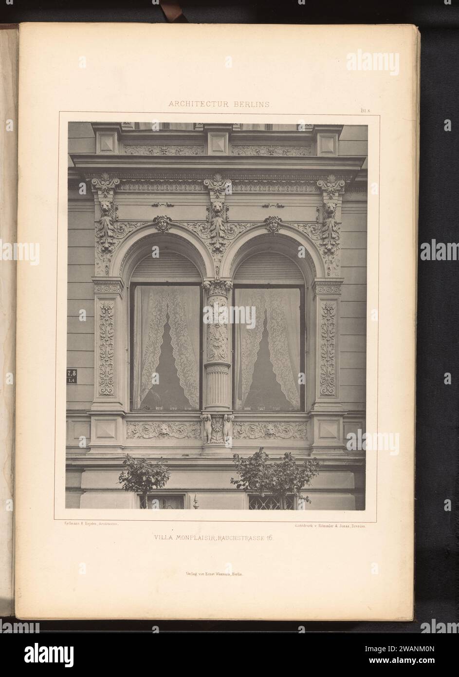 Detail of Villa Monplaisir, Rauchstrasse 16 in Berlin, Germany, Anonymous, c. 1872 - in or before c. 1877 photomechanical print This print is part of a cover with a hundred prints and six text magazines. Berlindresden publishers: Berlin paper collotype detached house in city. closed window Berlin Stock Photo