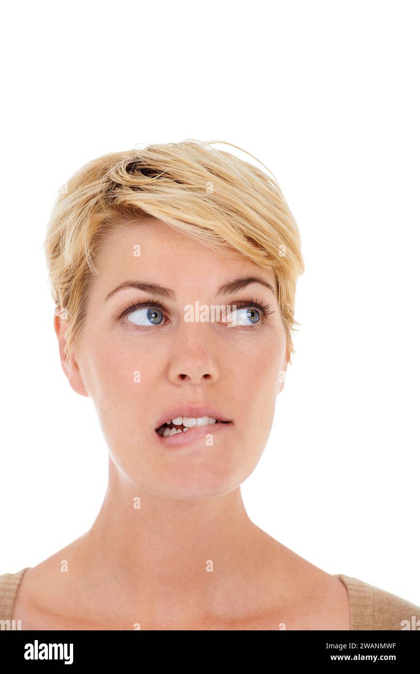 Woman, face and thinking on mockup space for choice or decision on a ...
