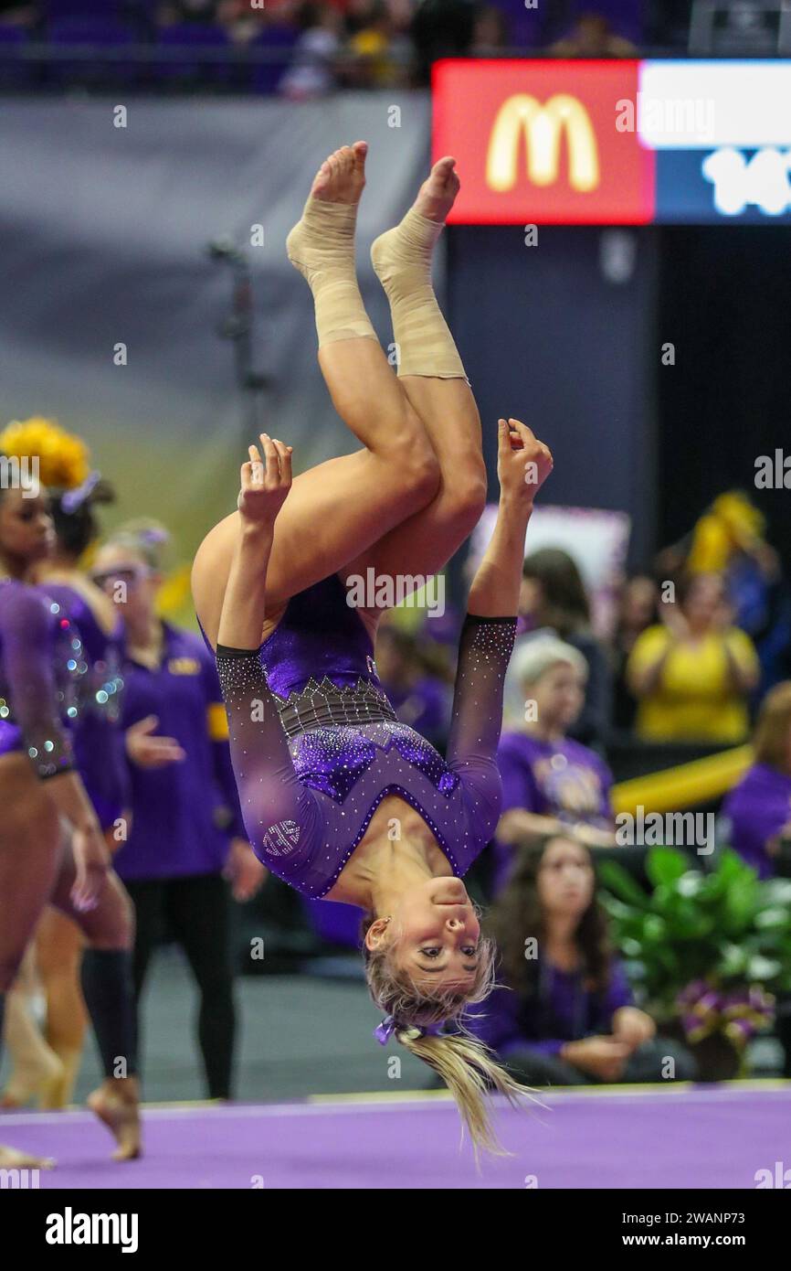 January 05, 2024: LSU's Olivia ''Livvy'' Dunne does a flip while warming up for the floor during NCAA Gymnastics action between the Ohio St. Buckeyes and the LSU Tigers at the Pete Maravich Assembly Center in Baton Rouge, LA. Jonathan Mailhes/CSM Stock Photo