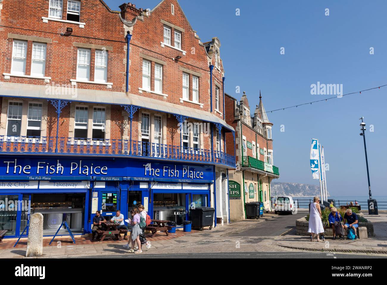 Swanage Dorset England, Fish and chips takeaway restaurant in Swanage town centre, England,UK,2023 Stock Photo