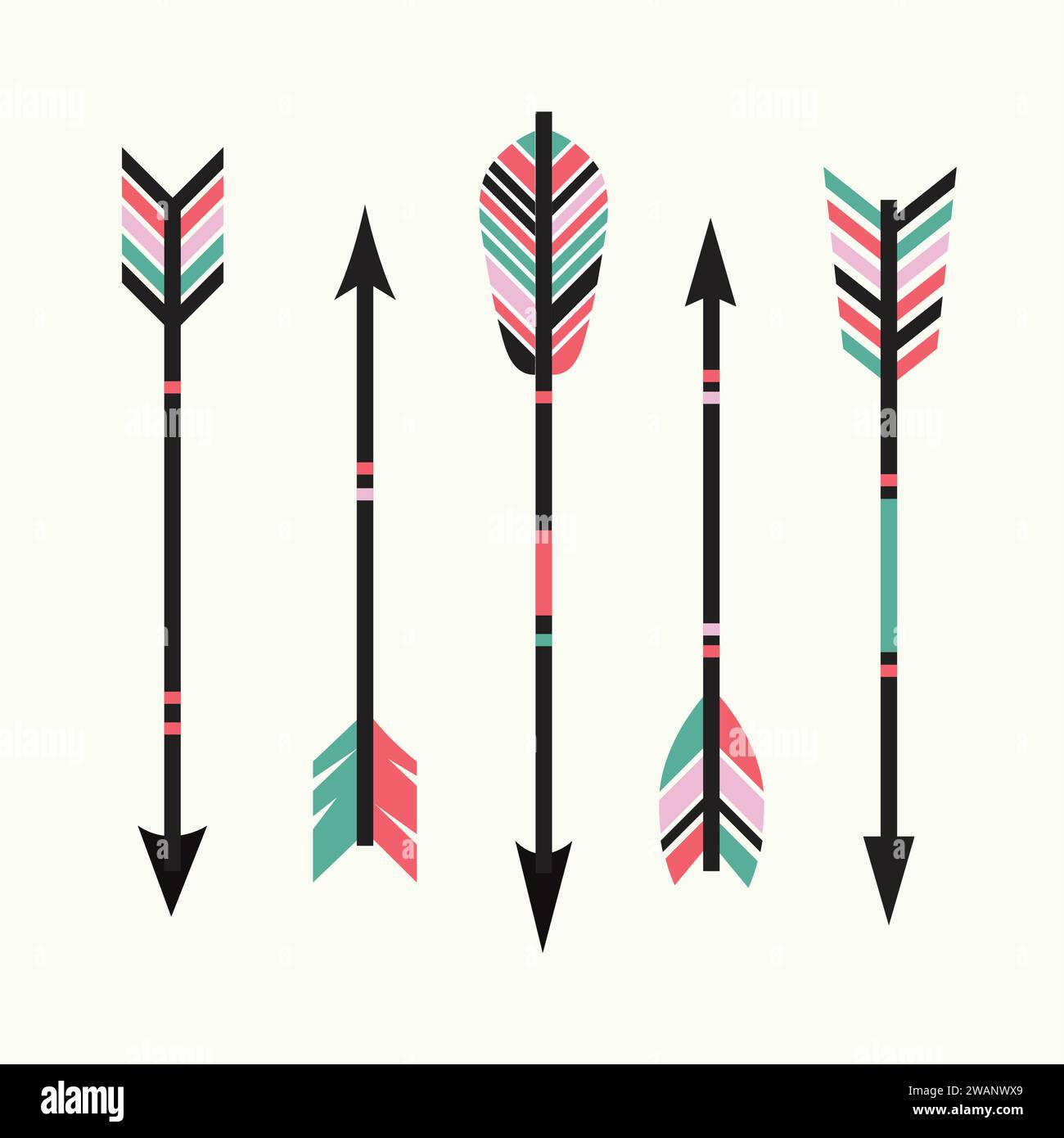 Vector set of colorful ethnic arrows, Hand drawn feather arrow, tribal feathers on pointer and