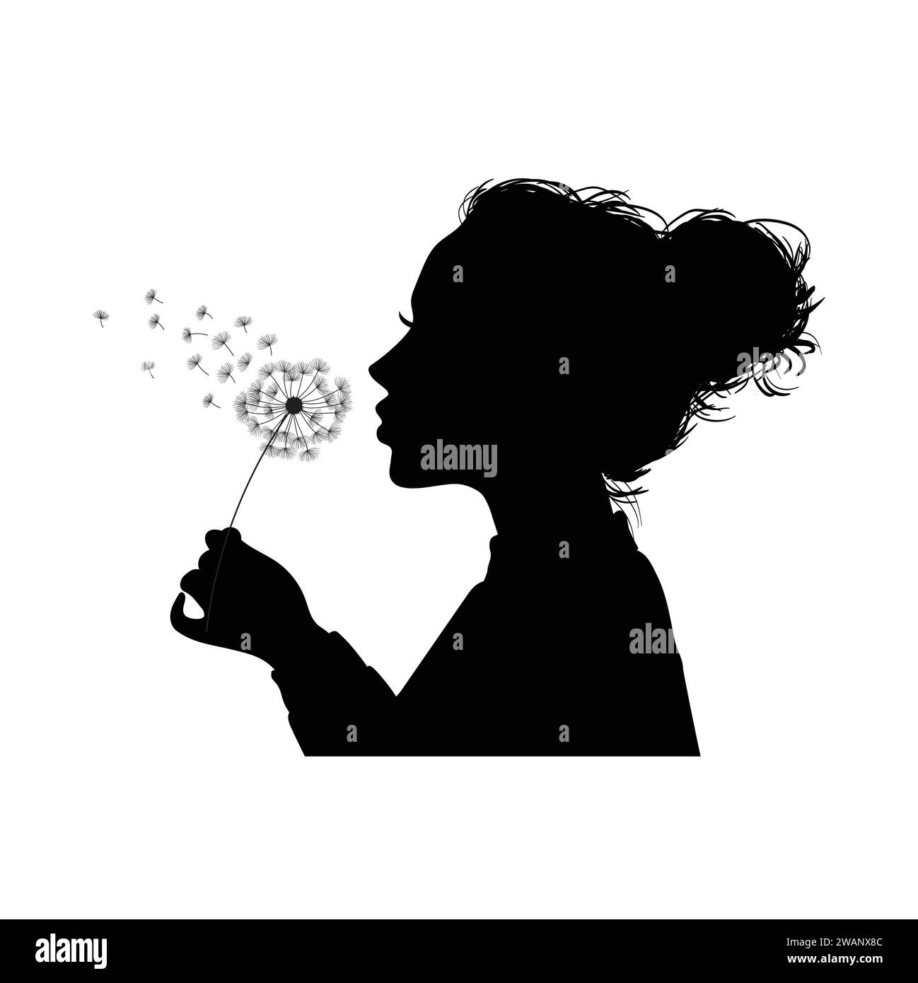 Silhouette of a young girl blowing dandelion vector illustration Stock Vector