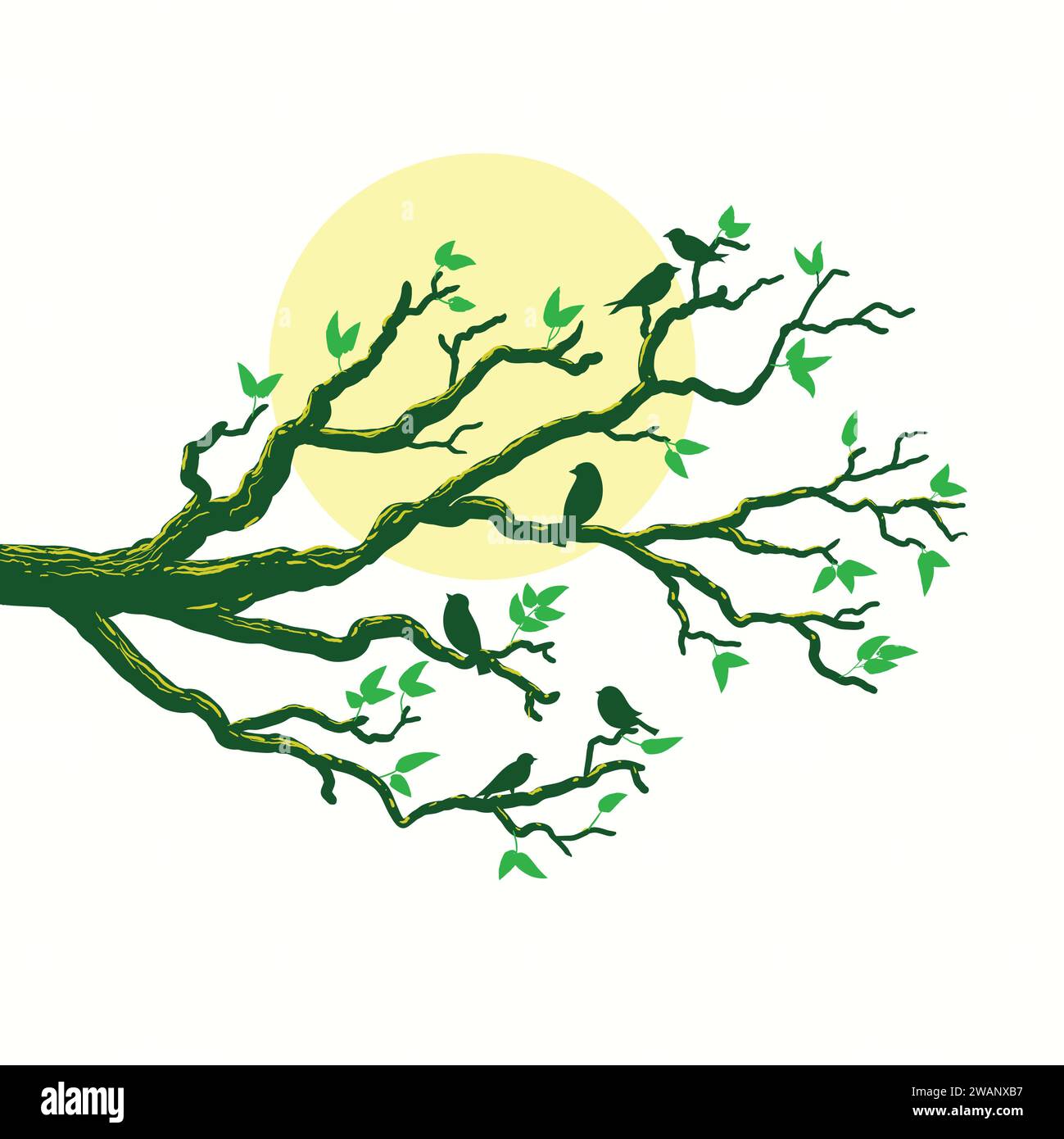 branch tree with birds and moon vector illustration Stock Vector