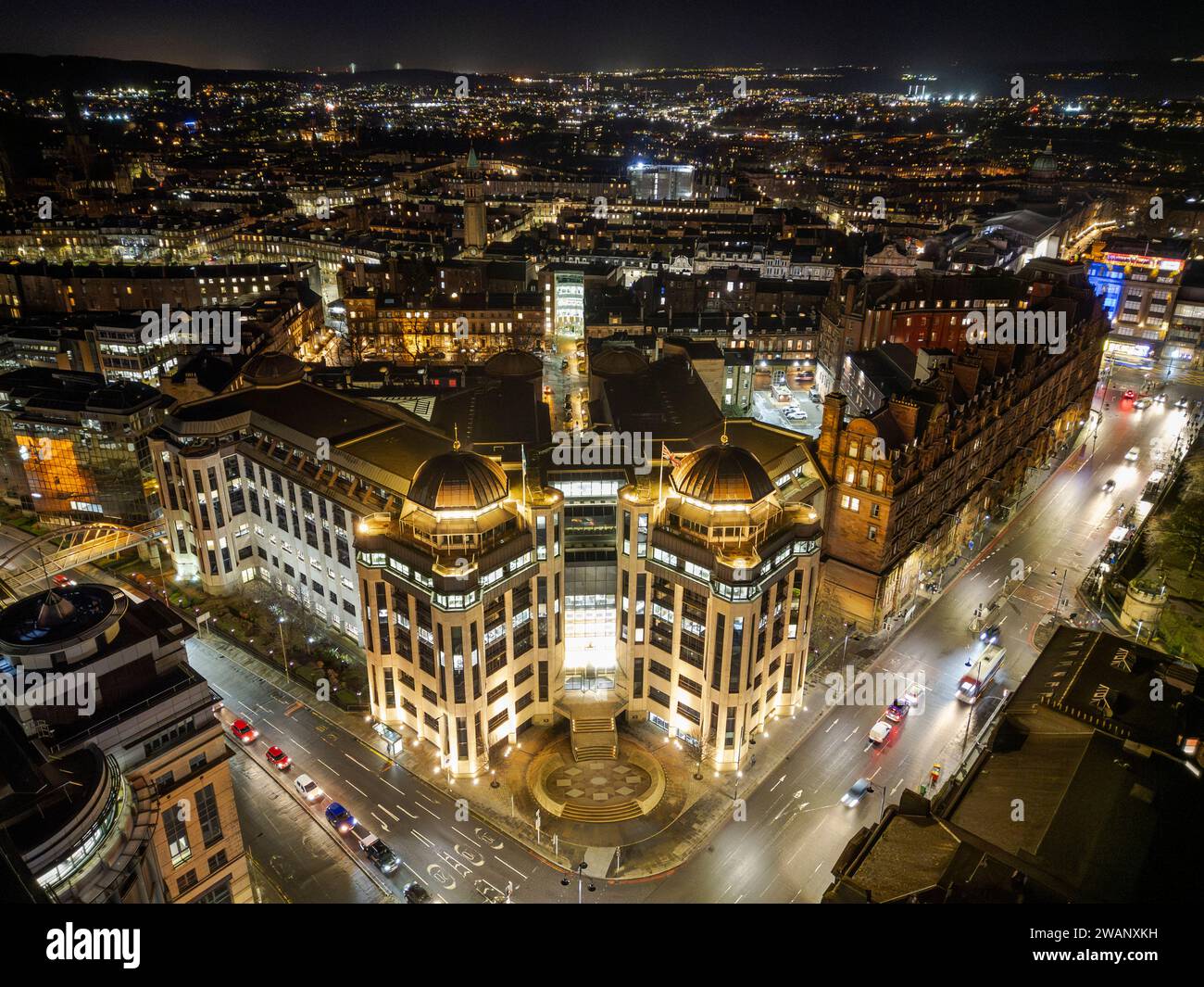 Night aerial view of Standard Life House on Lothian Road, Edinburgh