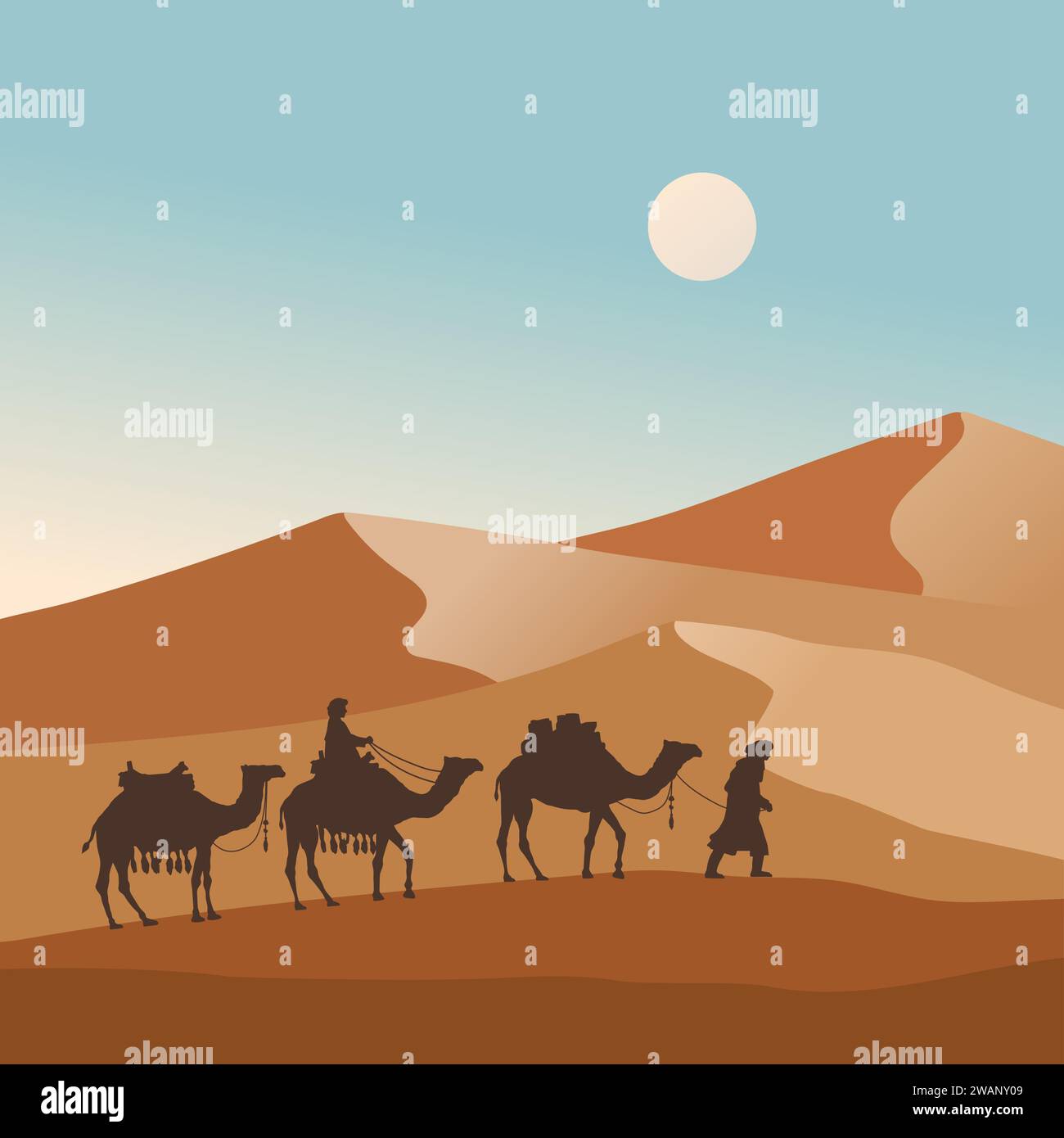 Camel caravan going through the desert vector illustration, can use for islamic background, banners, poster, website, social and print media. Stock Vector