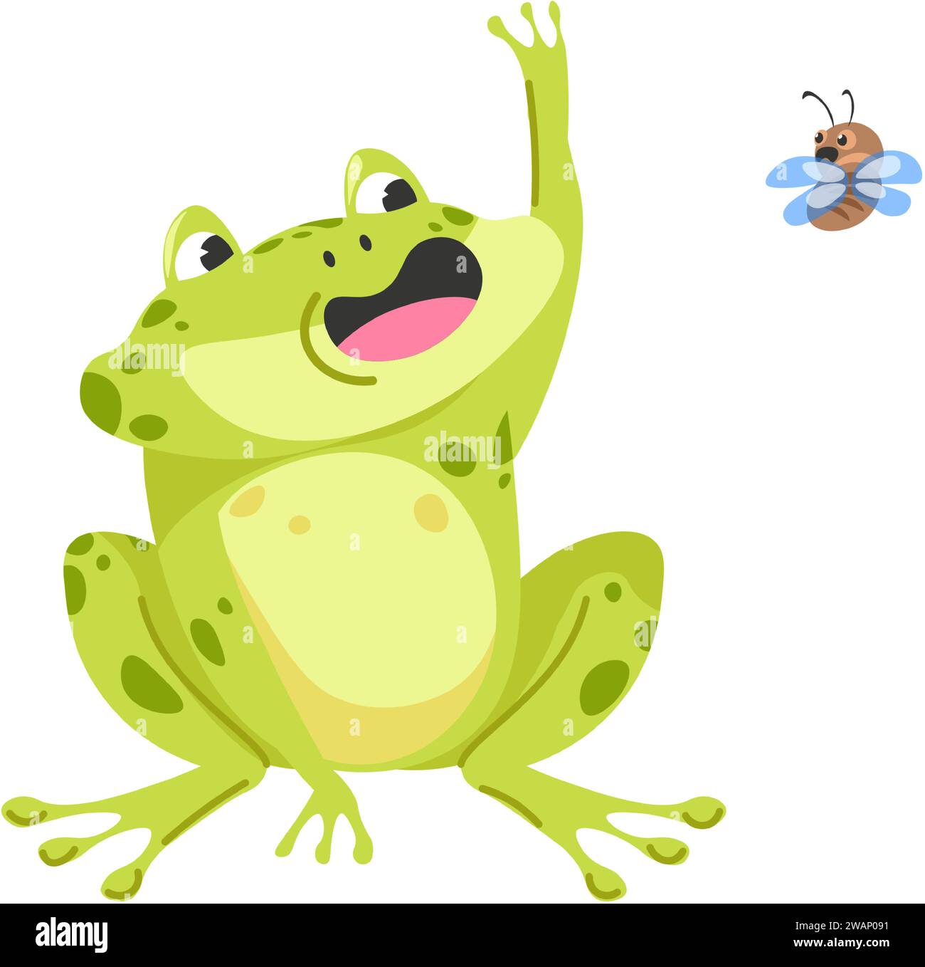 Frog catching fly, funny aquatic animal character Stock Vector