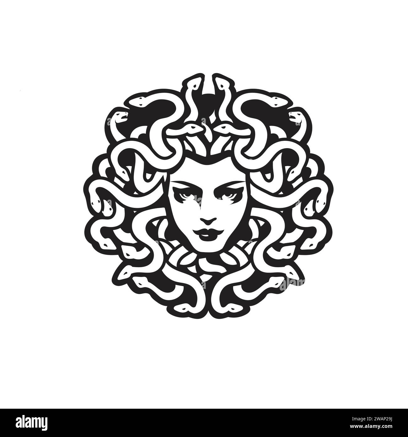 Vector Black and White Medusa Gorgon Woman Head with snakes Illustration, Medusa greek myth creature vector illustration Stock Vector