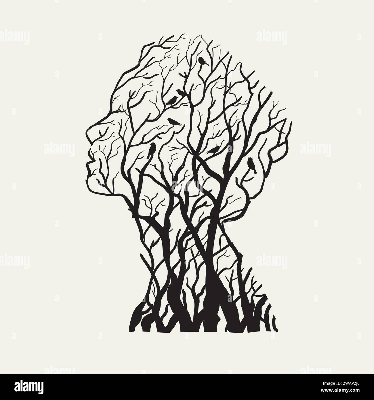 woman and nature vector illustration,silhouettes of trees and birds forming the image of a female head Stock Vector