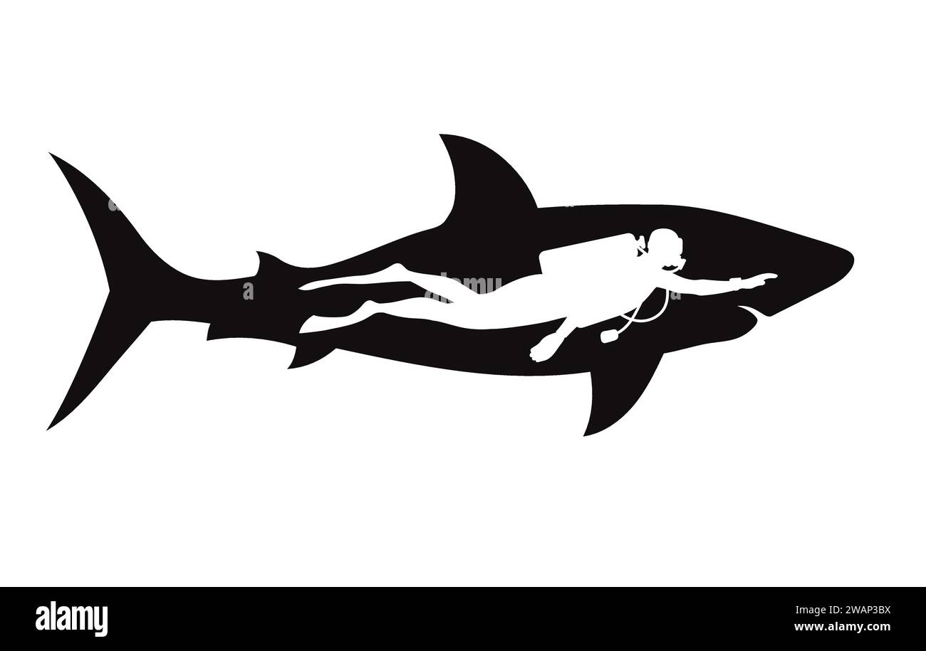 diver beside shark silhouette vector illustration Stock Vector