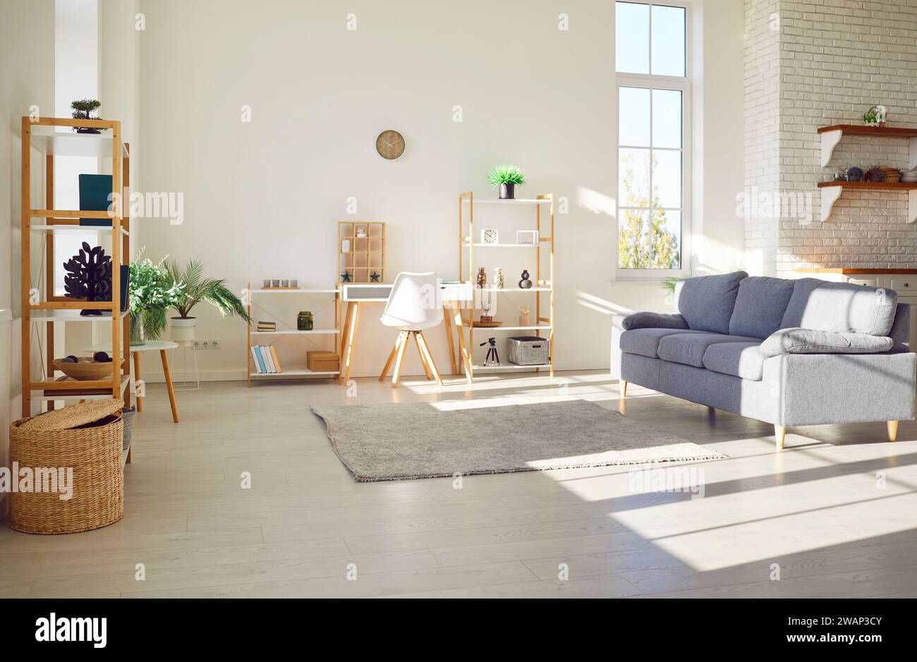 Design of a cozy modern living room interior in a new clean light sunny ...