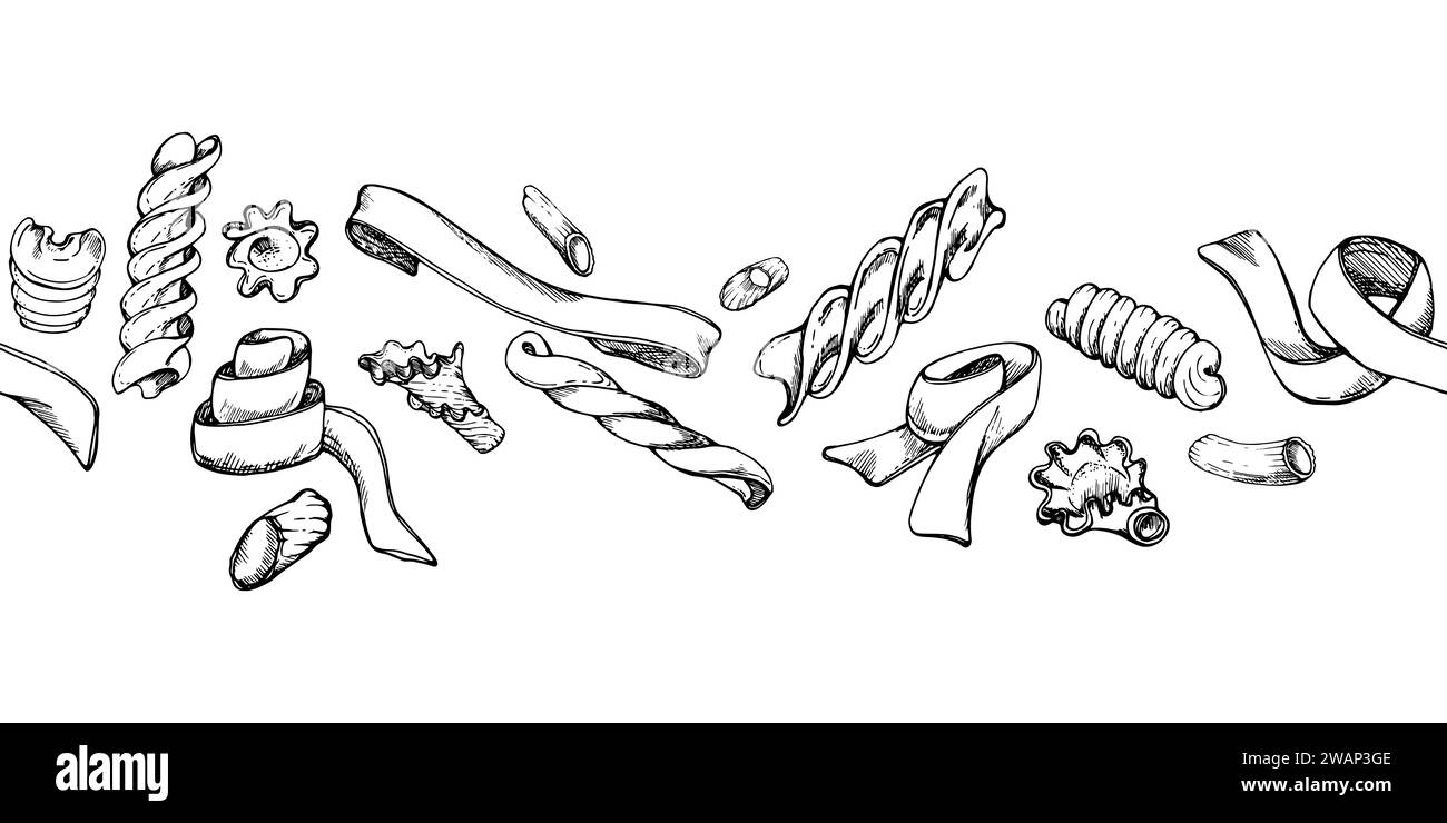 Hand drawn vector ink illustration. Pasta Italian fettuccine ...