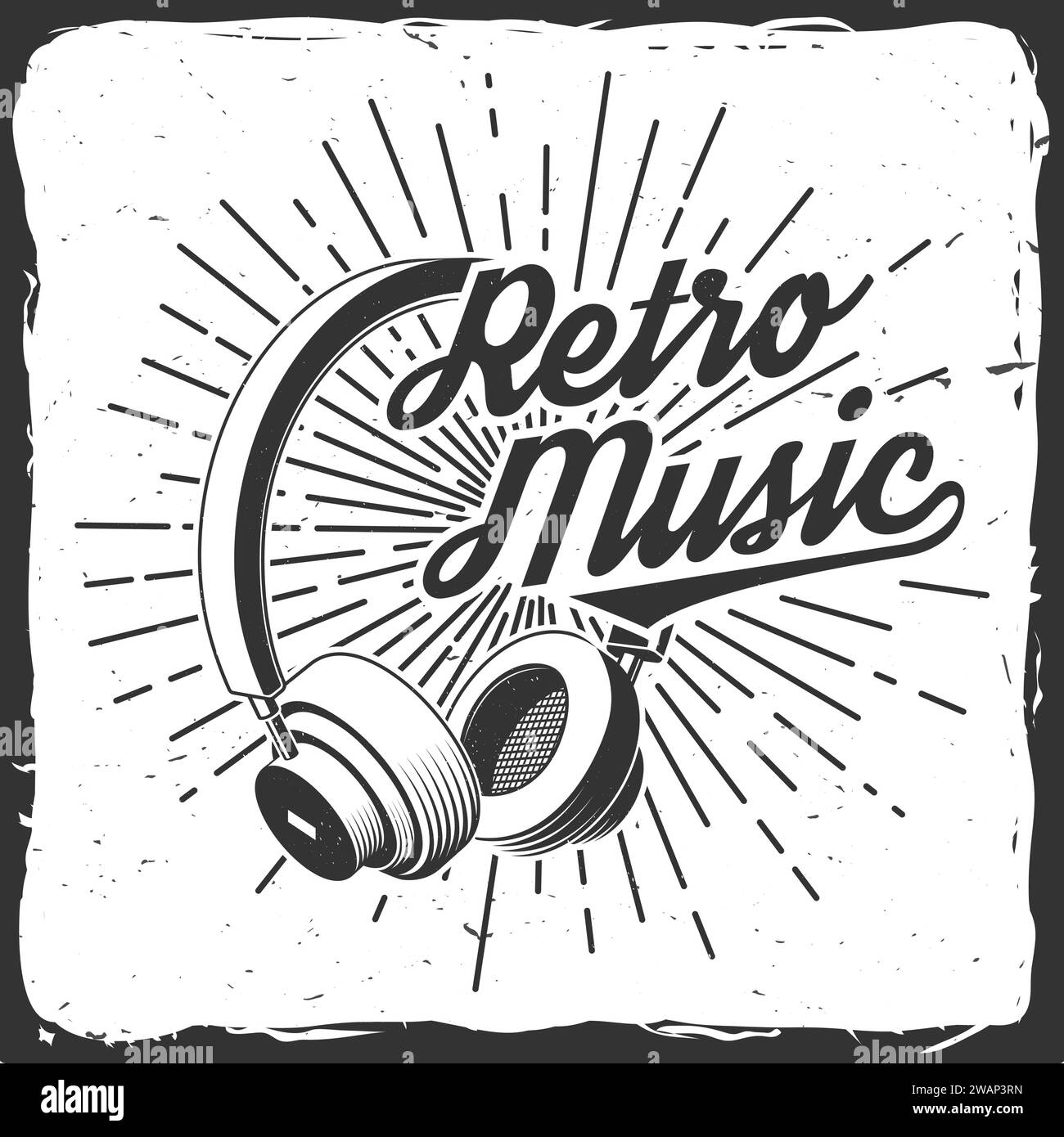 Retro music poster, banner. Retro headphones with sunburst vintage