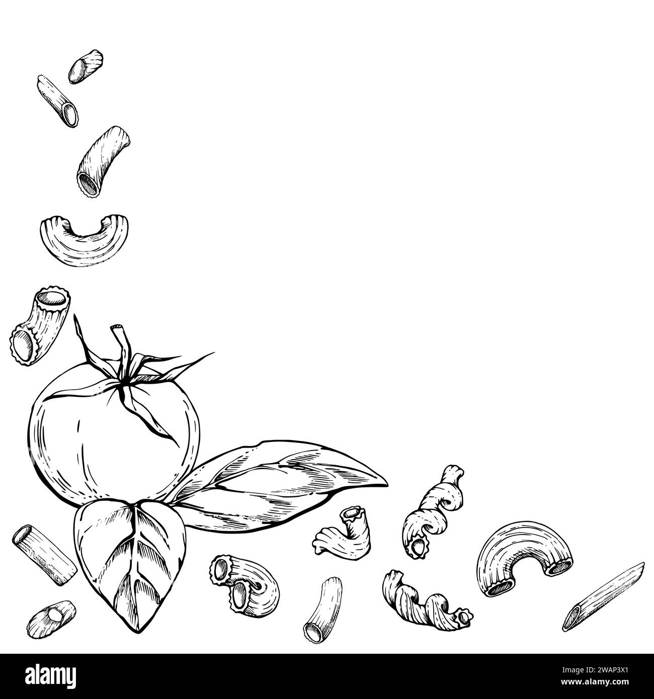 Hand drawn vector ink illustration. Pasta Italian cuisine, tomato basil herb leaves elbows cavatappi penne spirals. Corner frame isolated on white Stock Vector