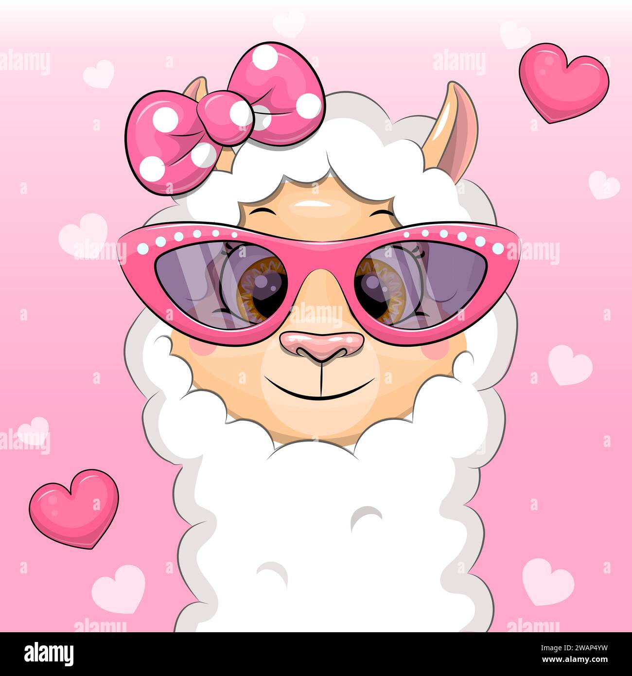 Cute cartoon llama wearing pink glasses and hair bow. Vector illustration of an animal on a pink ...