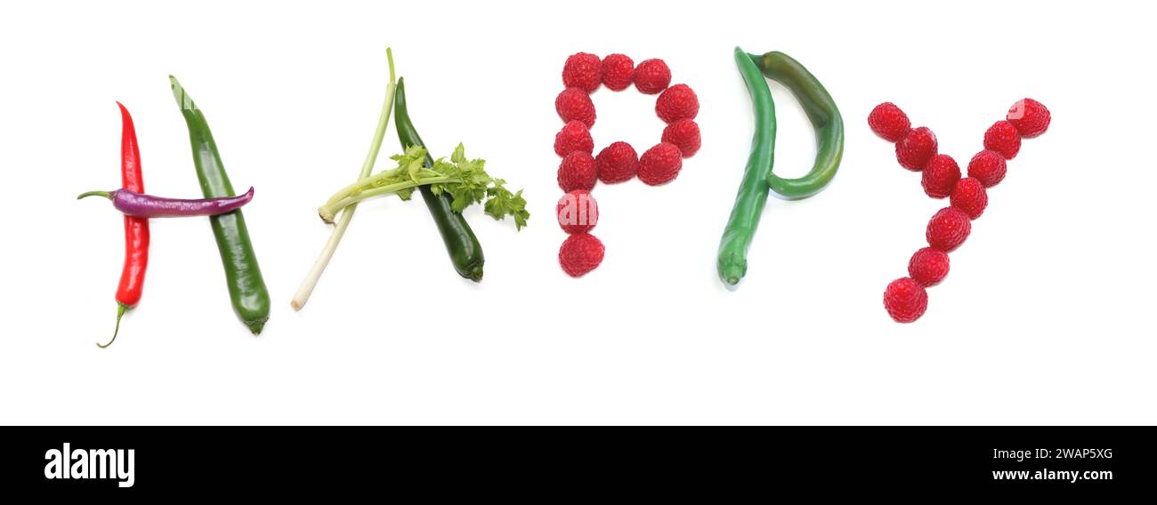 word H A P P Y from red, green chili pepper, berry, celery, for text, cook books, recipe, vegetarian lunch, vegetable, vegan happy birthday party Stock Photo