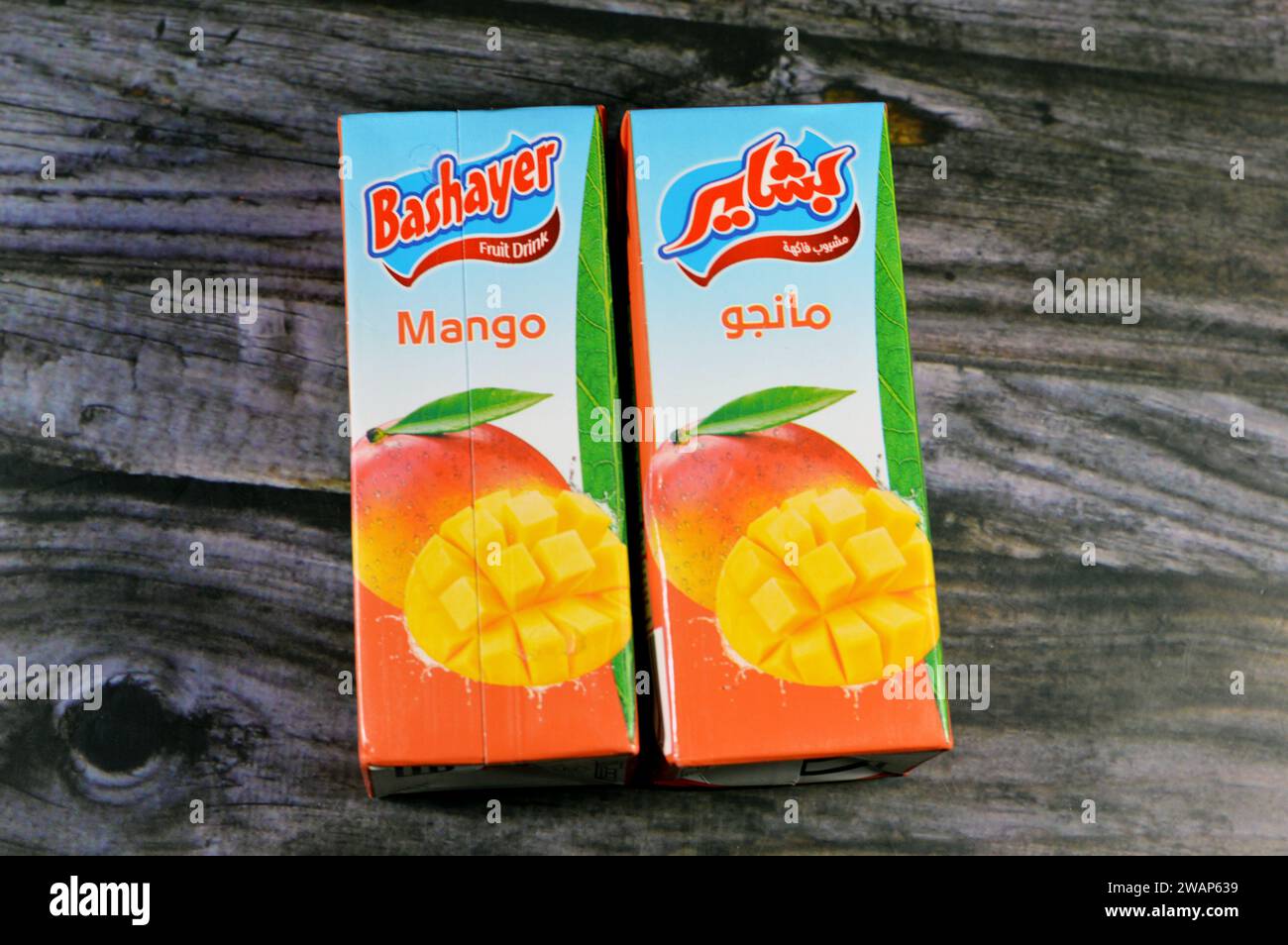 Cairo, Egypt, January 2 2024 Bashayer Mango juice, mango fruit Juice
