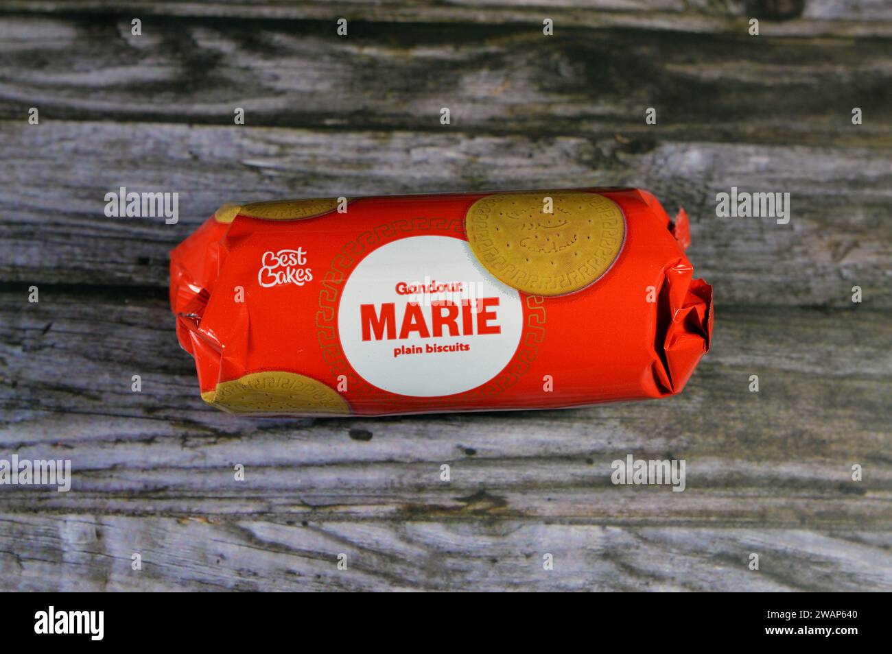 Cairo, Egypt, January 2 2024: Gandour tea biscuits packet, Crunchy biscuits prepared with essential nutrients, iron, vital vitamins and iodine, a food Stock Photo