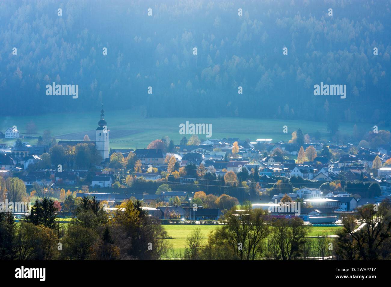 Irdning-Donnersbachtal: village and church Irdning in Schladming-Dachstein, Steiermark, Styria, Austria Stock Photo